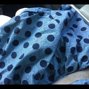Chambray A-line skirt w/ navy blue polka dots